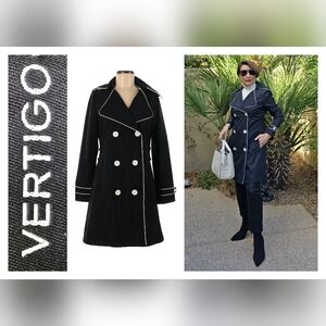NWT Vertigo Black with White Piping Details Short Trench Coat, Size M